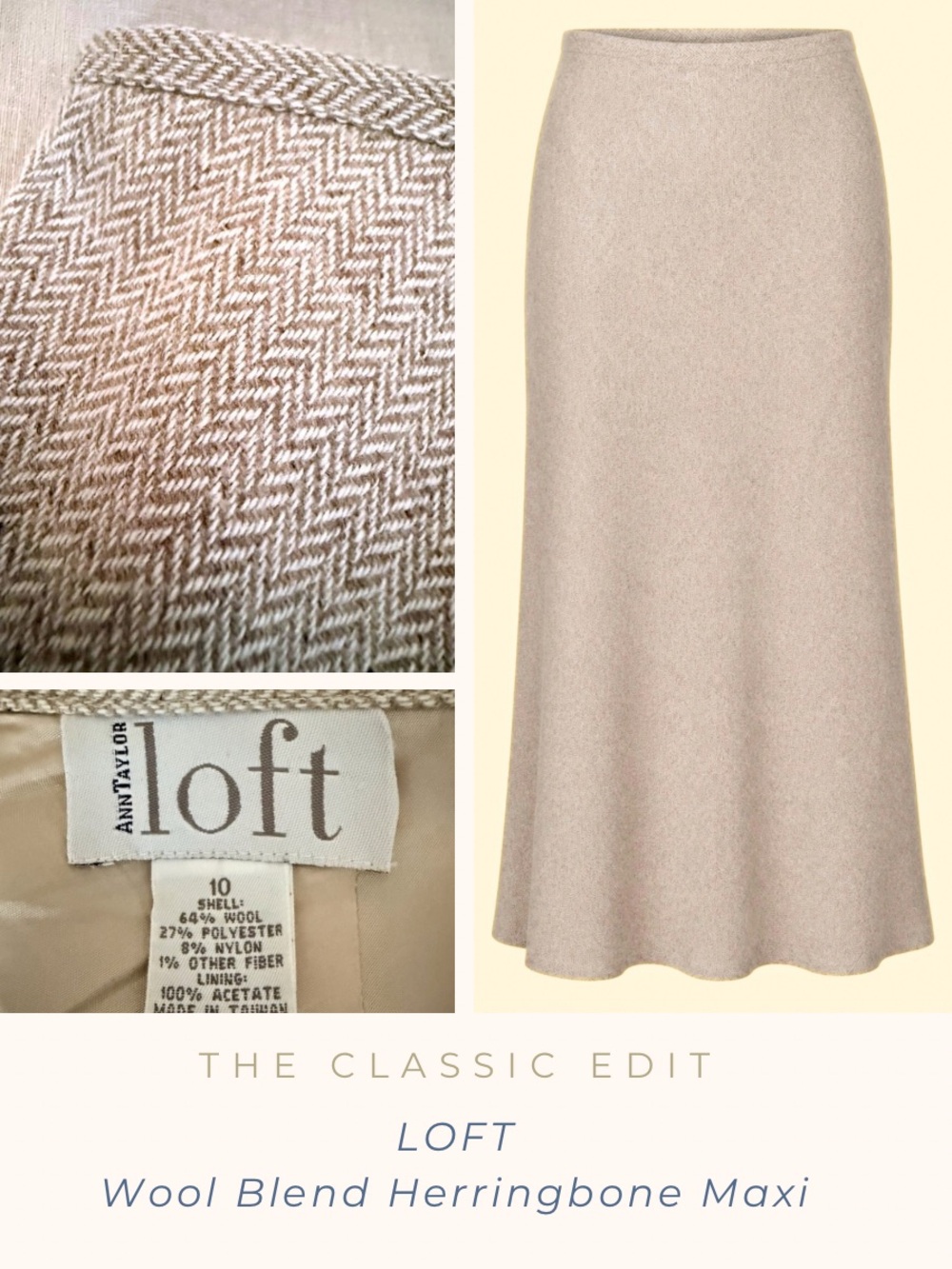 LOFT | Maxi Skirt Wool Blend | Herringbone Bias Cut | Lined | Beige Neutral
